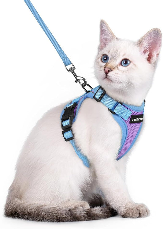 rabbitgoo Cat Harness and Leash Set, Escape Proof Soft Adjustable Vest Harnesses for Outdoor Walking, Easy Control Breathable Kitten Jacket with Reflective Strips, Purple & Blue, XXS