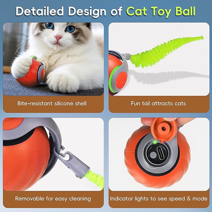 Interactive Cat Toy 2.0, Automatic Moving Cat Toys for Indoor Cats, Electric Rolling Pet Ball with Tail, Two Speed Adjustment, Pet Game Toy (Orange)