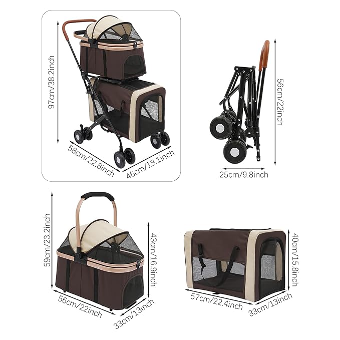 Double Pet Stroller for Small Medium Dogs & Cats, 3 In1 Detachable Pet Strollers with 2 Carriers and 360° Wheels, 77 Lbs Capacity Outdoor Cat Dog Carts Lightweight (Coffee Color)