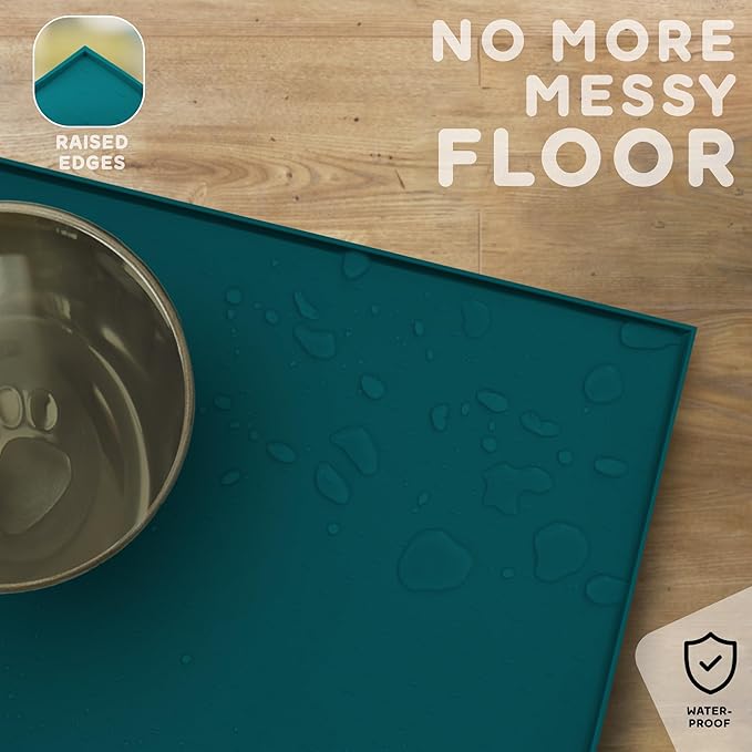 Dog Food Mat - 28x18 Raised Edges Dogs Mat for Food and Water Prevent Spill, Waterproof Cat Food Mats Protect Floors, Easy Clean Dog Bowl Mats for Food and Water, Silicone Pet Feeding Placemats