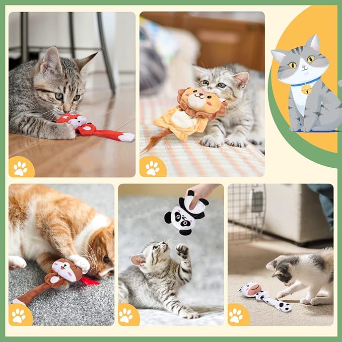 Nobleza Catnip Toys, 5Pcs Cat Chew Toys for Indoor Cats Clearance, Cute Animal Shapes Plush Kitty Teething Toys with Crinkle Paper for Pet Birthday, Interactive Kitten Kicker Toy with Organic Cat Nip