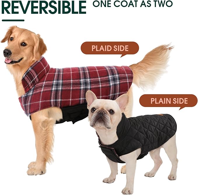 Kuoser Waterproof Dog Coat, Reversible Dog Jacket for Large Dogs, Adjustable Durable Doggie Winter Coat for Groowing Puppies Warm Puppy Cold Weather Apparel, Red L