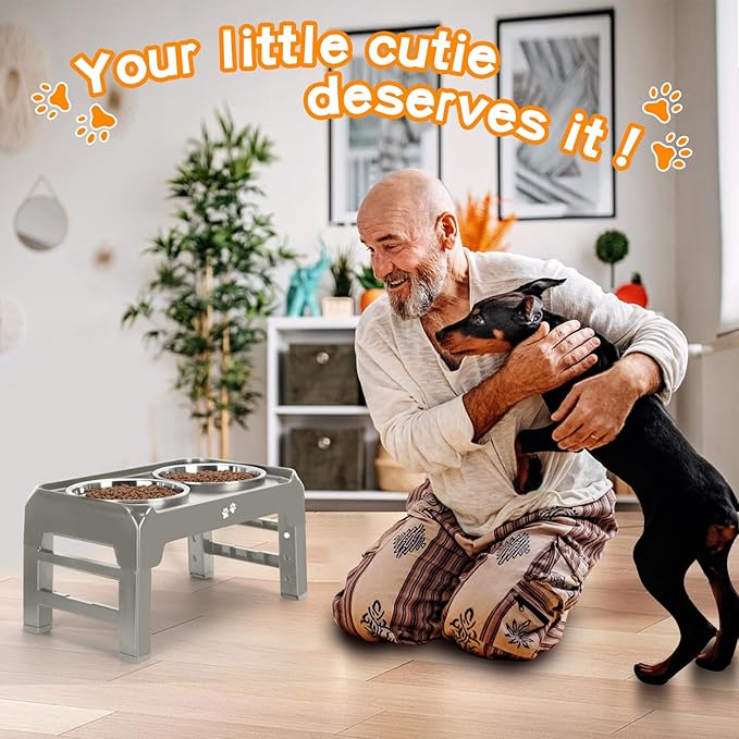 Elevated Bowls, 4 Height Adjustable Raised Stand With 2 Thick 50oz Stainless Steel Food Bowls, Non-Slip Feeder for Dogs, Adjusts to 3.7", 9.2", 10.75", 12.36" Light Brownish Gray