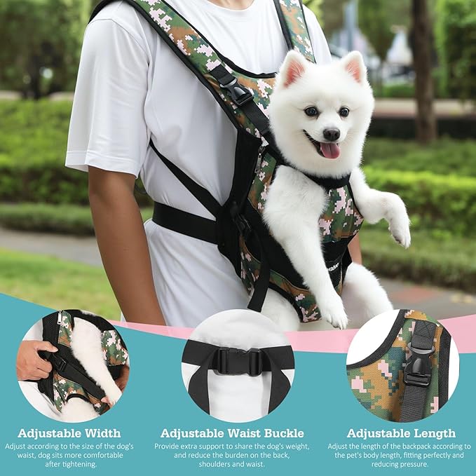 Pawaboo Pet Dog Front Carrier Backpacks, Legs Out Pet Carrier Backpack for Dogs, Adjustable Easy-fit Dog Chest Carriers for Small Medium Dogs Hands Free for Travel Hiking Cycling Camping, L, Camo
