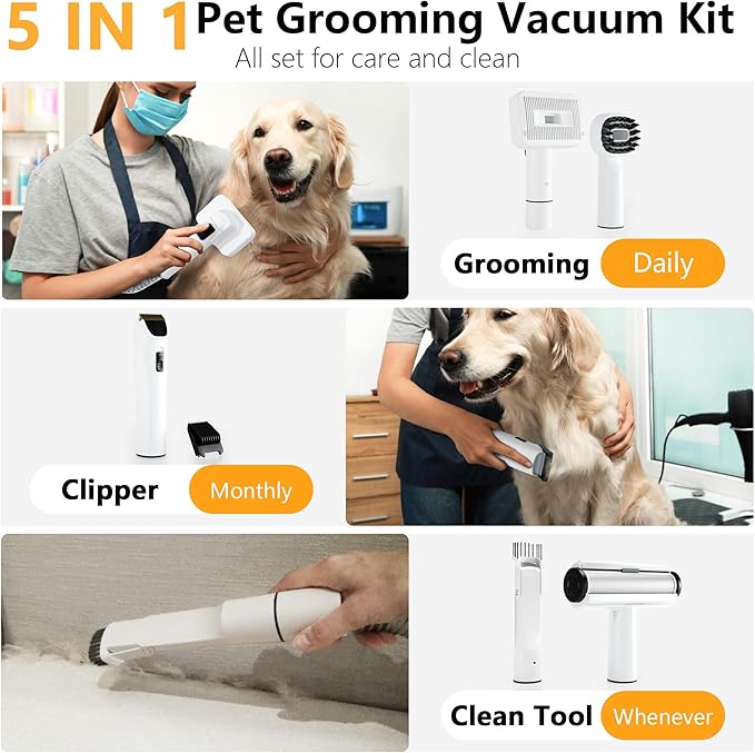 FOTING 5-in-1 Dog Grooming Vacuum, 12000Pa Dog Clippers & Shedding Brush Grooming Cleaning Tools Pet Grooming Vacuum, 2 Suction Levels Shedding Pet Hair Home Cleaning