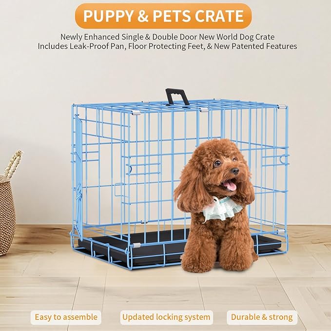 PayLessHere 18 Inch Dog Crate Kennel for Small Dogs Metal Cage Single-Door Folding Travel Indoor Outdoor Puppy Playpen with Divider and Handle Plastic Tray,Blue