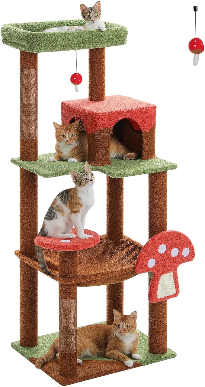 Mushroom Cat Tree Tower with Removable Scratcher, Large Hammock, Condo, Perch, 3 Sisal Posts – Multi-Level Cat Tree for Indoor Cats, Cute Cat Tower for Small Space Homes