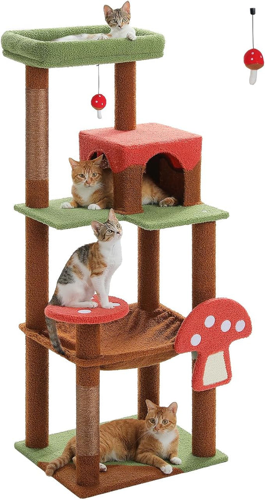 Mushroom Cat Tree Tower with Removable Scratcher, Large Hammock, Condo, Perch, 3 Sisal Posts – Multi-Level Cat Tree for Indoor Cats, Cute Cat Tower for Small Space Homes