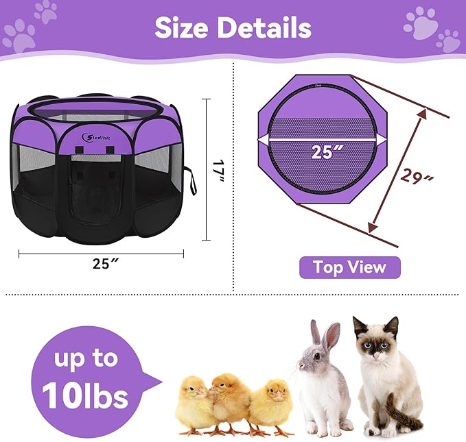 Dog Cat Playpen, Puppy Pet Playpen, Small Dogs Tent Crates Cage Indoor/Outdoor, Portable Pop Up Dog Kennel Playpen with Carrying Case for Dogs/Cats/Rabbits,Purple