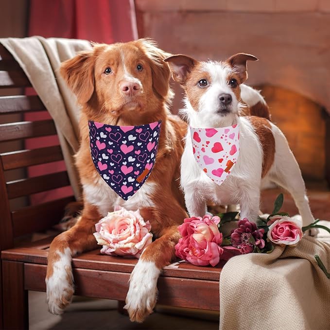 PTDECOR Valentine Dog Bandana, White Purple Love Heart Design Reversible Dog Scarf, Triangle Valentine Bandanas for Medium Large Pets (Large)