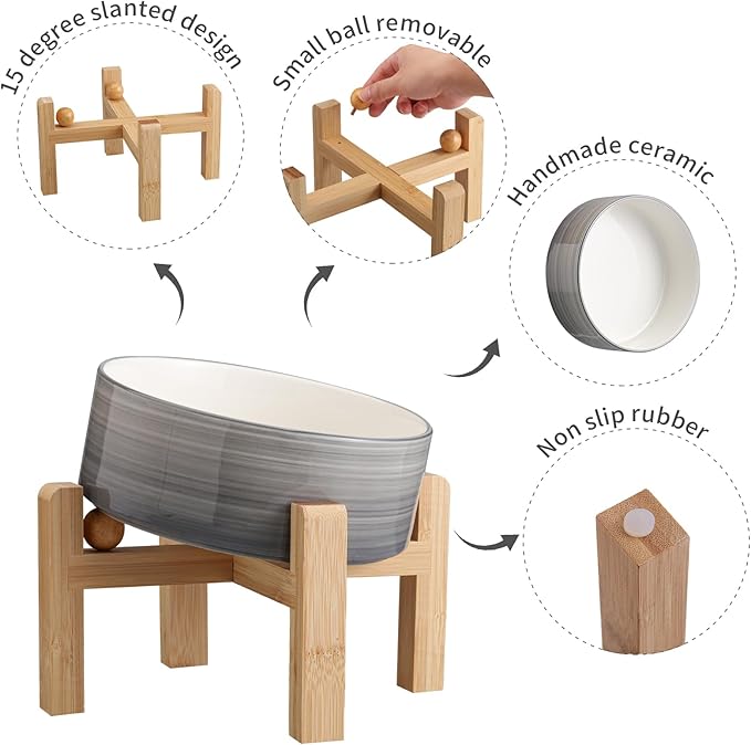 Elevated/Raised 15°Tilted Anti Slip Ceramic Dog Bowl for Medium & Large Breeds,Slanted Bulldog Big Face Pet Food Water Feeding Dish with Stand (7.6 Cups/60OZ) Grey White