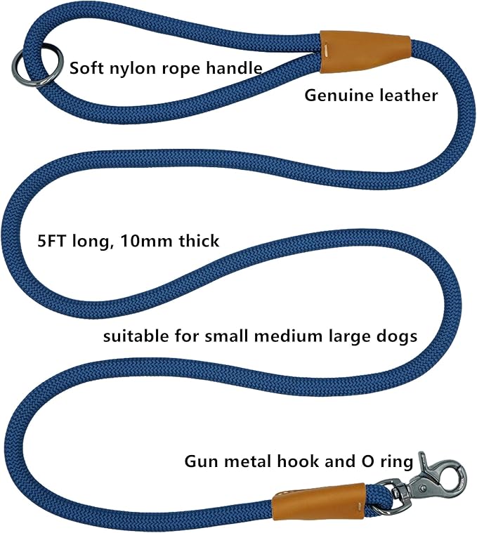 5FT Nylon Rope Dog Leash, Short Leash for Training Small Medium Large Dogs (Navy Blue, 5FTx10MM)