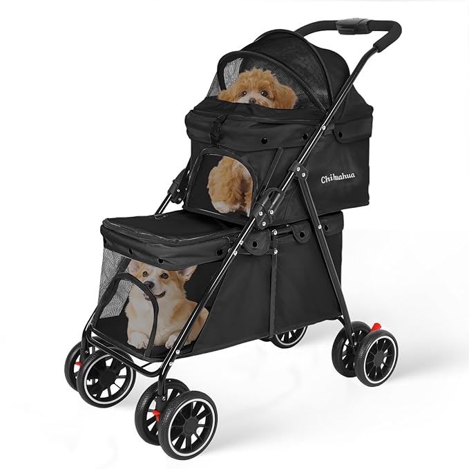 Double Pet Stroller for Dogs and Cats,Cat Strollers for 2 Cats,Double Dog Stroller for 2 Small Medium Dogs,4 Lockable Wheels/Lightweight/Folding, Black
