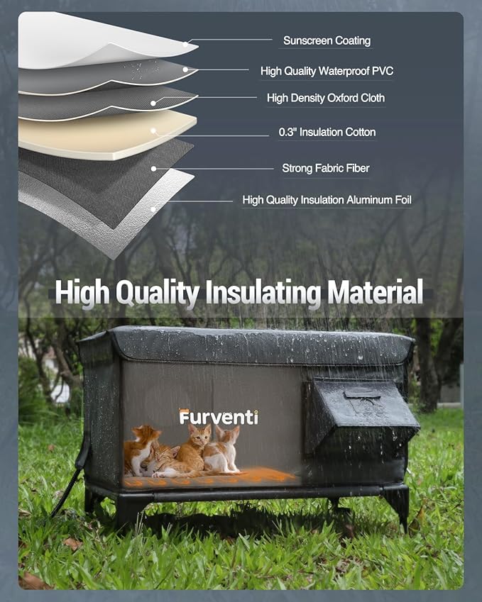 Heated Cat House for Outside,Dual Camera Mounts,100% Weatherproof & Extremely Insulated,Elevated Feral Cat Shelter with Escape Door,Waterproof Eaves for Outdoor Stray Barn Cat(Dark Grey, XL)