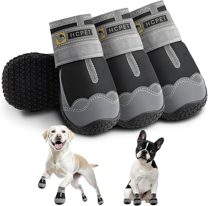Hcpet Dog Shoes for Large Dogs, Waterproof Dog Booties for Small Medium Dogs, Anti-Slip Dog Boots & Paw Protectors for Hot Pavement Winter Snow Hiking with Reflective Straps Black Size 1