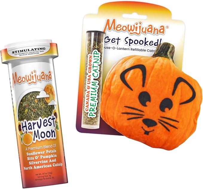 Meowijuana Get Spooked Bundle | Pumpkin Refillable Toy and Harvest Moon Blend | Promotes Play and Cat Health | Includes North American Organic Catnip