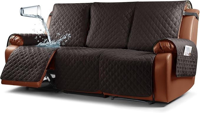 Ruaozz Waterproof Recliner Sofa Cover 1-Piece Couch Covers for Reclining Couches Reclining Sofa Cover Washable Furniture Protector with Elastic Straps Pocket for Kids, Pets (Dark Coffee, 3 Seater)