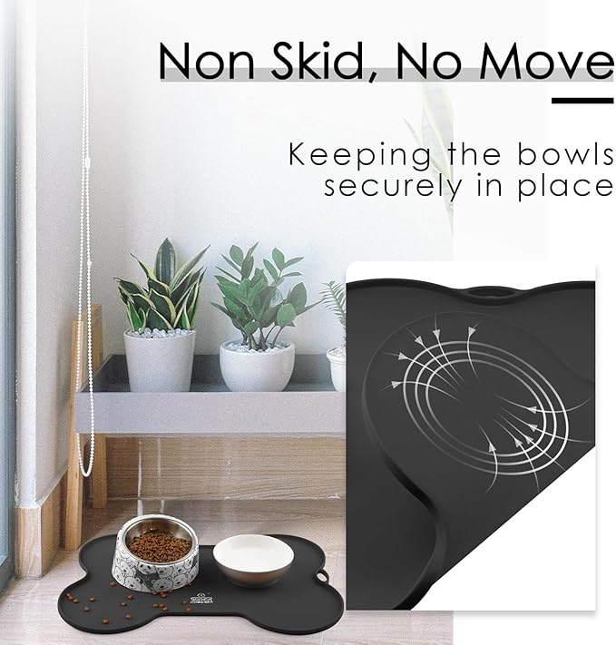 Super Design Dog Food Mat Dog Bowl Mat for Food and Water Silicone Non Spill Cat Feeding Mat Puppy Placemat Waterproof - 20.5" x 14.5", Black