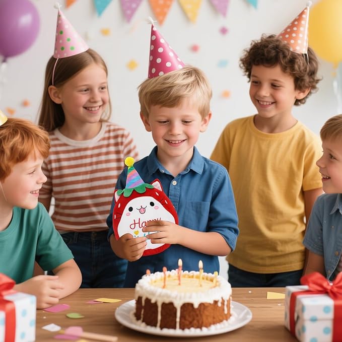 Strawberry Cat Plush Stuffed Animal Red Cat Plush Wear Birthday Hat Kawaii Stuffed Toys Soft Home Plushie Decoration Gifts for Boys Girls