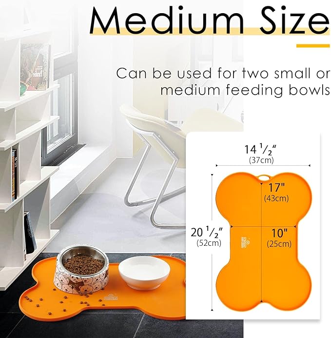 Dog Food Mat Dog Bowl Mat for Food and Water Silicone Non Spill Cat Feeding Mat Puppy Placemat Waterproof - 20.5" x 14.5", Orange