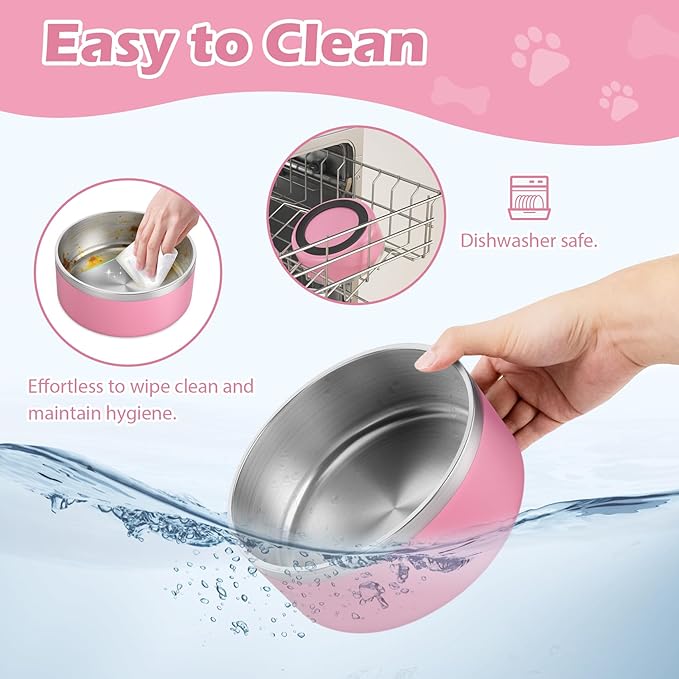 LIANLAI Stainless Steel Dog Bowls, Rust-Resistant Pet Bowls, Non Slip Dog Water Bowl, Versatile Feeding Bowls(Pink，64 oz)