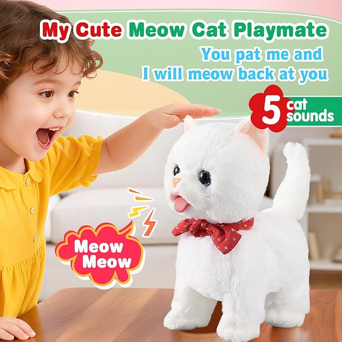 White Leash Walking Cat Set Toy Interactive Talking Cat Singing Dancing Kitten Mimicking Repeat What You Say Kitty Touch and Voice Control Nodding Wagging Tail Plush Electric Robot for Kid Girl