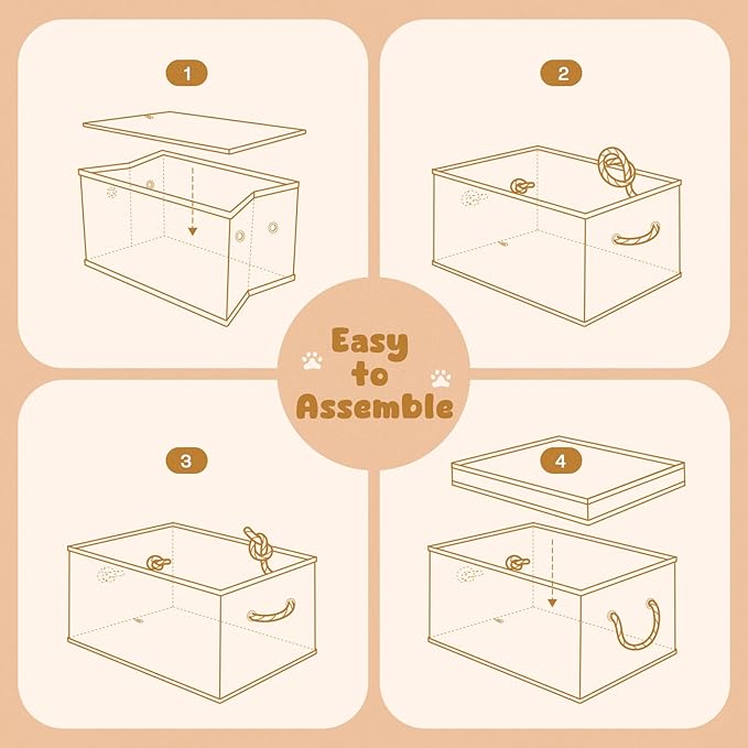 Collapsible Dog Toy Basket with Lid - Storage Bins for Toys, Organizer with Cotton Rope Handles - Beige & Gray