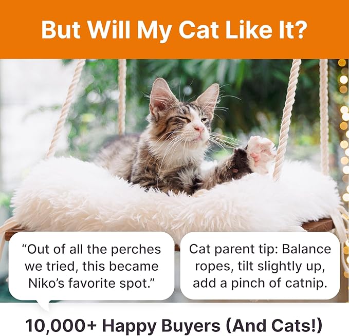 Cat Window Perch - Hammock Bed for Cats Inside - Solid Wood Seat, 4 Strong Suction Cups, Soft Cushion - Rustic Indoor Pet Shelf