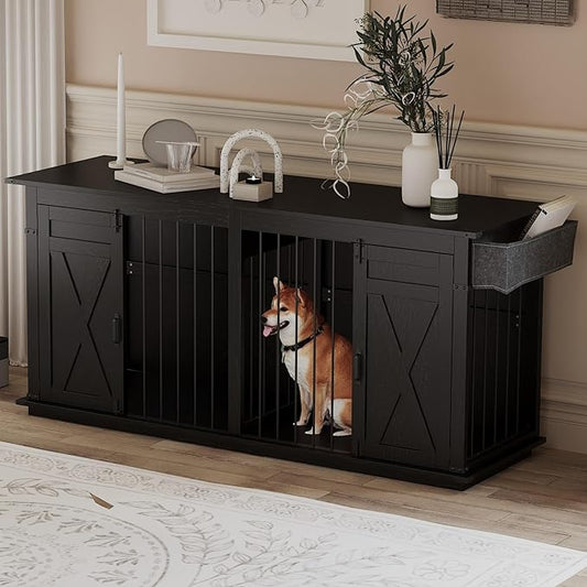78.8" Double Dog Crate Furniture with Sliding Barn Doors, 4 Storage Spaces, Extra Large Indoor Pet Kennel for 2 Dog, Farmhouse Style Cage (Advanced Black)