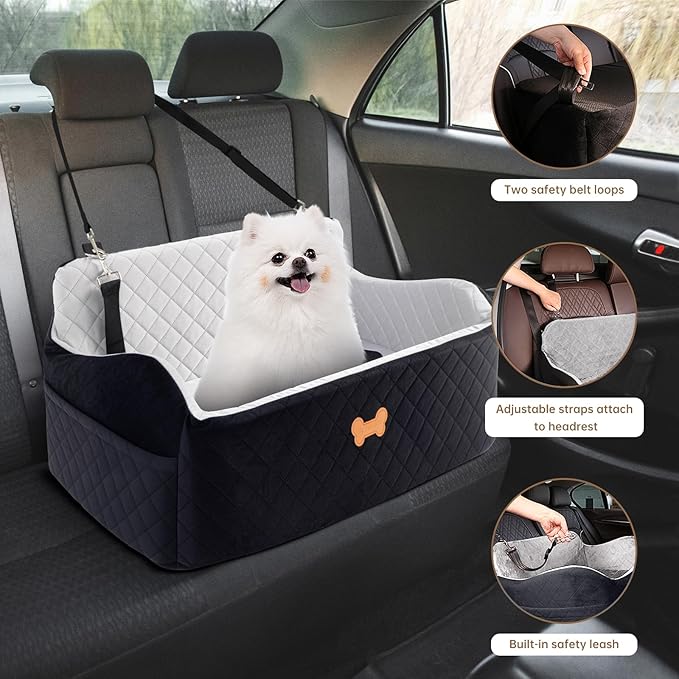 Car Seat for Large Size Dog, Booster Seat for Dogs Under 55 lbs or 2 Small Dogs, Soft Car Dog Bed Filling in Thick Memory Foam with 2 Safety Leashes and Storage Pocket (Grey/Black)