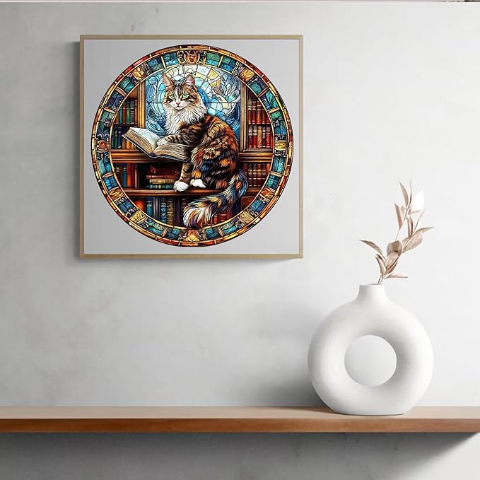 Wooden Puzzles Adults, Maine Cat Library Wooden Puzzles 200 Pieces, Unique Animal Shaped Wood Challenging Jigsaw Puzzles Gifts for Adults, 11.4x11.4in