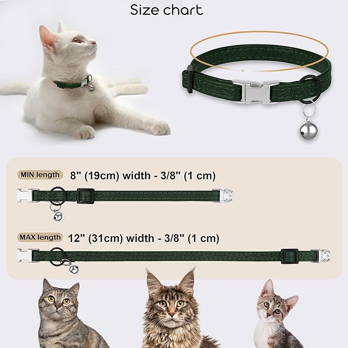 Leather Cat Collar with Buckle and Removable Bell - Non Breakaway Adjustable Soft Safety Small Pet Collars for Girl Boy Cats Kitten (Green)