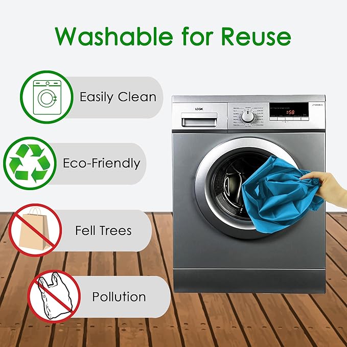 BeeGreen Light Blue Reusable Grocery Bags Wholesale Blue Reusable Kitchen Bags Bulk with Elastic Band Foldable-Machine Washable with Zipper Storage Pouch 50 Packs