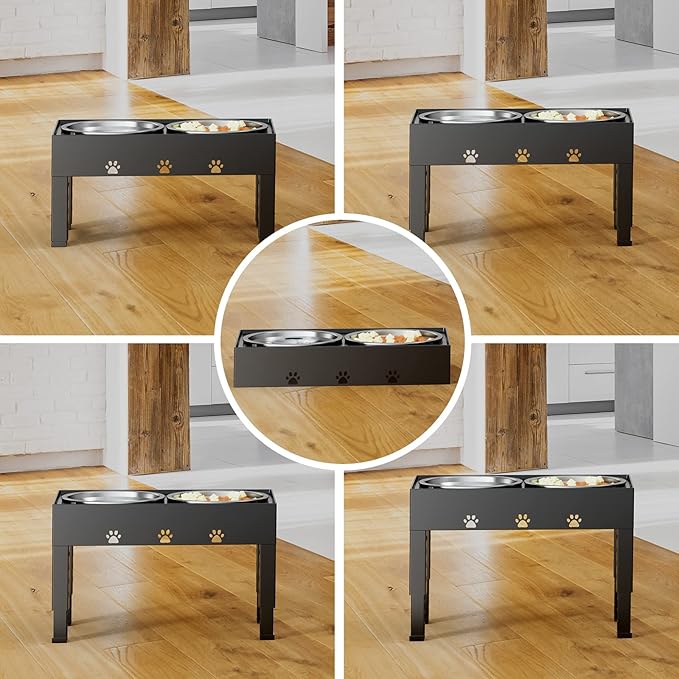 Elevated Dog Bowls with Mat, Raised Dog Food Bowl Stand with 2 Stainless Steel Bowls, 5 Height Adjustable (3.1", 9", 10", 11", 12") Non-Slip Feeder Set for Medium and Large Dogs – Black