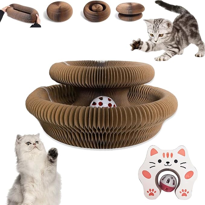 Kitty Curls Cat Toy Kurlz, Interactive Scratch Pad, Foldable Accordion,Recyclable Scratcher with Ball (Orange (Cat))