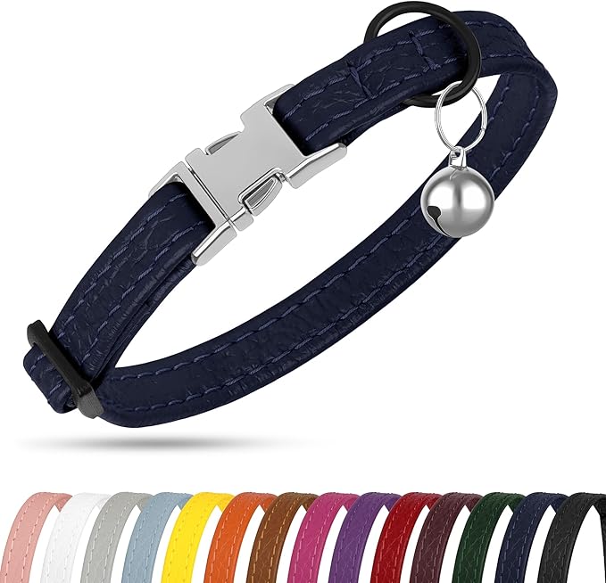 Leather Cat Collar with Buckle and Removable Bell - Non Breakaway Adjustable Soft Safety Small Pet Collars for Girl Boy Cats Kitten (Navy Blue)
