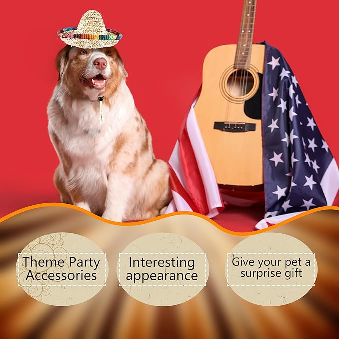 8 Pcs Pet Sombrero Hats Mini Sombrero Cap Cinco de Mayo Fiesta Hat Small Mexican Straw Hat for Puppy Dogs Cats Fiesta Party Decorations