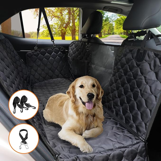 PETICON Dog Car Seat Cover with Mesh Window, 100% Waterproof Pet Seat Cover for Back Seat, Scratchproof Dog Hammock for Cars, Trucks, SUVs, Jeeps, Black