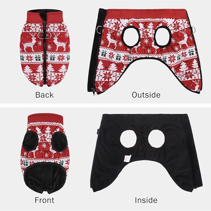 SCENEREAL Christmas Winter Dog Vest Coat with Harness Built in, Warm Puppy Jacket for Small Medium Dogs, Cold Weather Coat with Zipper, Fleece Puffer Vest Windproof Snow Clothes, M