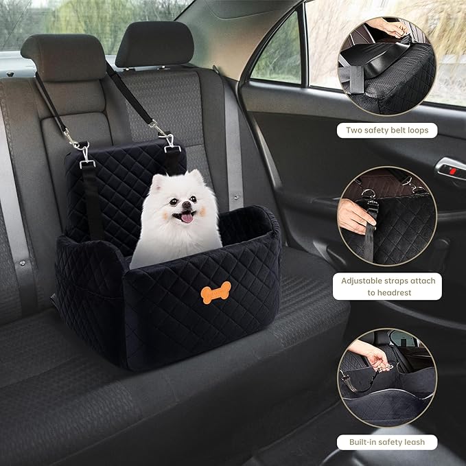 Dog Car Seat for Small Dogs, Dog Booster Seat Filling in Thick Memory Foam with 2 Safety Leashes and Storage Pocket, Suitable for Pet Under 30lb or 2 Puppies (Black)