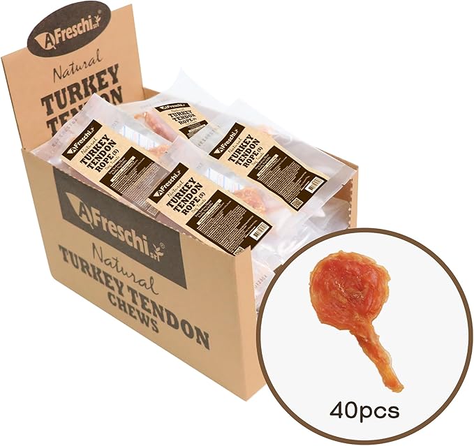 AFreschi Turkey Tendons for Dogs, USA-Sourced, Healthy Dog Treats, Rawhide-Free Puppy Chews, Long Lasting, All Natural, Hypoallergenic Dog Treats for Small Breeds, 40 Count Box Lollipop (S)