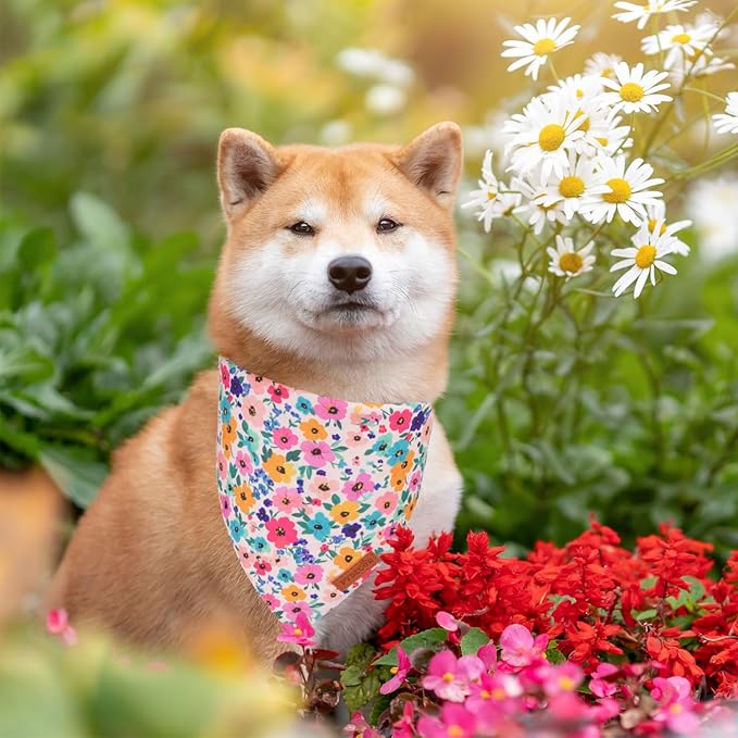PTDECOR Floral Dog Bandana, Flower Reversible Pets Scarf, Premium Durable Fabric, Adjustable Pink Green Bandanas for Medium Large Dogs Pets (Large)