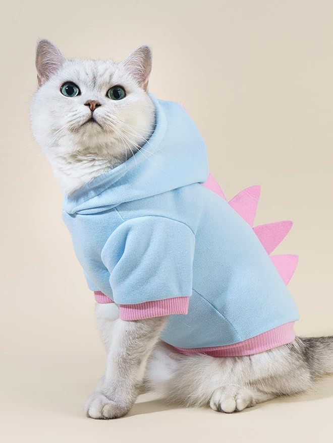 QWEEE Dinosaur Dog Hoodie - Warm Jacket for Puppy, Kitten, Small, Medium Dogs & Cats - Baby Blue, XX-Small