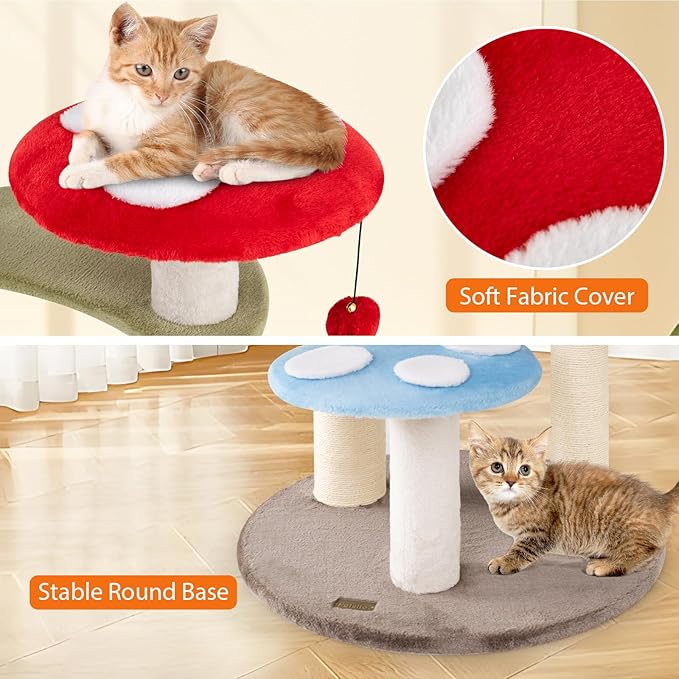 PETSITE Mushroom Cat Tree, Multi-Level Cute Cat Tree Tower with Sisal Scratching Posts, Cat Condo, Soft Plush Perches, and Dangling Toys for Indoor Cats (48 Inch)