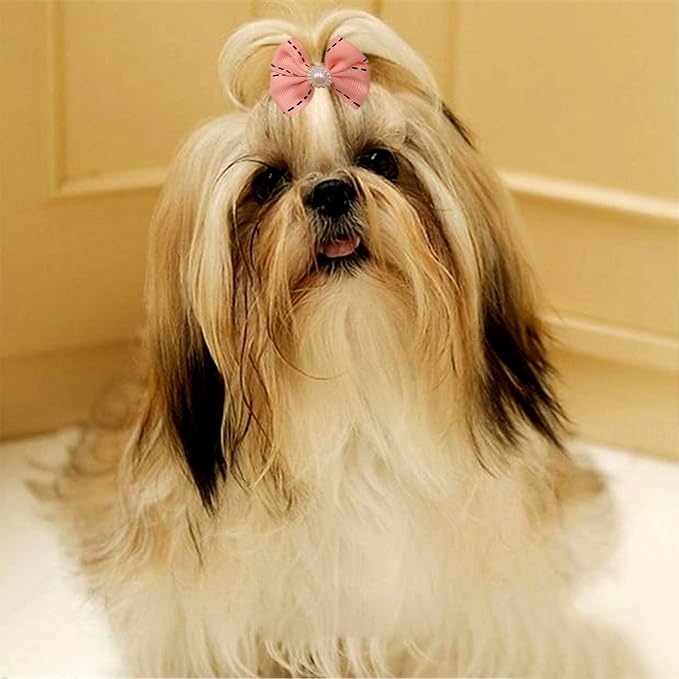 PET SHOW 10Pcs 2" Dotted Line Small Dog Hair Bows with French Clips Pet Bowknot Barrette Bows Puppy Topknot Medium Dogs Grooming Hair Accessories for Doggies Cat Kitten Rabbit