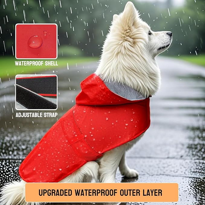 Dog Raincoat Dog Rain Jacket Poncho Waterproof Pet Rain Suit Double Layer Warm Lining Hooded Leash Hole Adjustable Puppy Small Medium Dogs,Red,L