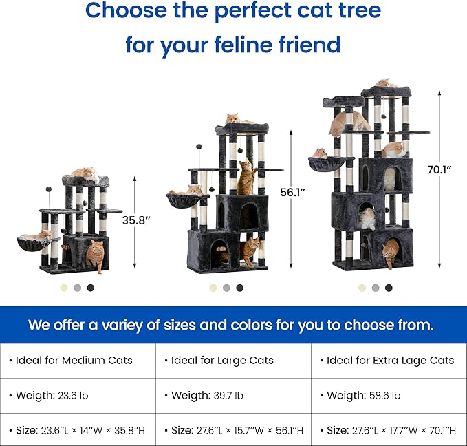 MWPO Extra Large Cat Tree - 70.1-Inch Tall Cat Tower with 3 Cat Condos, Multi-Level Cat Stand for Large Cats Featuring Scratching Posts, Padded Perches, Hammock, Dangling Toys - Smoky Grey