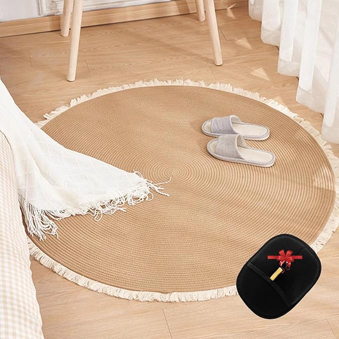 Nestoly Cotton Rope Area Rug for Cats, Washable Round Vintage Reversible Woven Tassel Rug, Large Natural Premium Cotton Rope Cat Scratching Mat, Easy to Clean (Beige, 32inch)