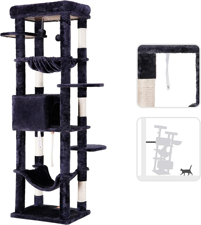 Heybly Cat Tree for Large Cats 20 lbs Heavy Duty,69 inches XXL Cat Tower for Indoor Cats,Multi-Level Furniture Condo with Big Padded Plush Perch,Cozy Basket HCT031G