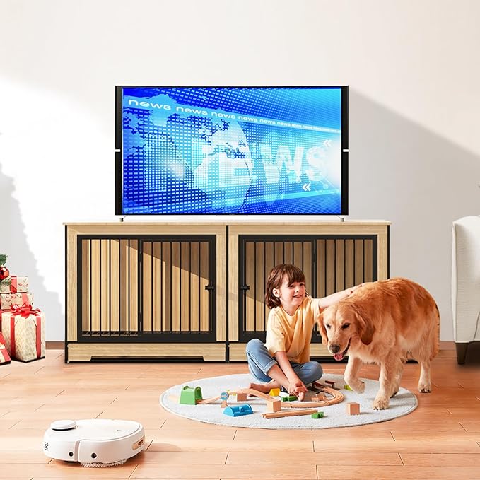 Furniture Dog Crate for Large Dogs, 75" Double Door Heavy Duty Dog Kennel with Removable Divider, XXL Wooden Dog Crate TV Stand, End Table, Pet Crate Cabinet for Home Decor